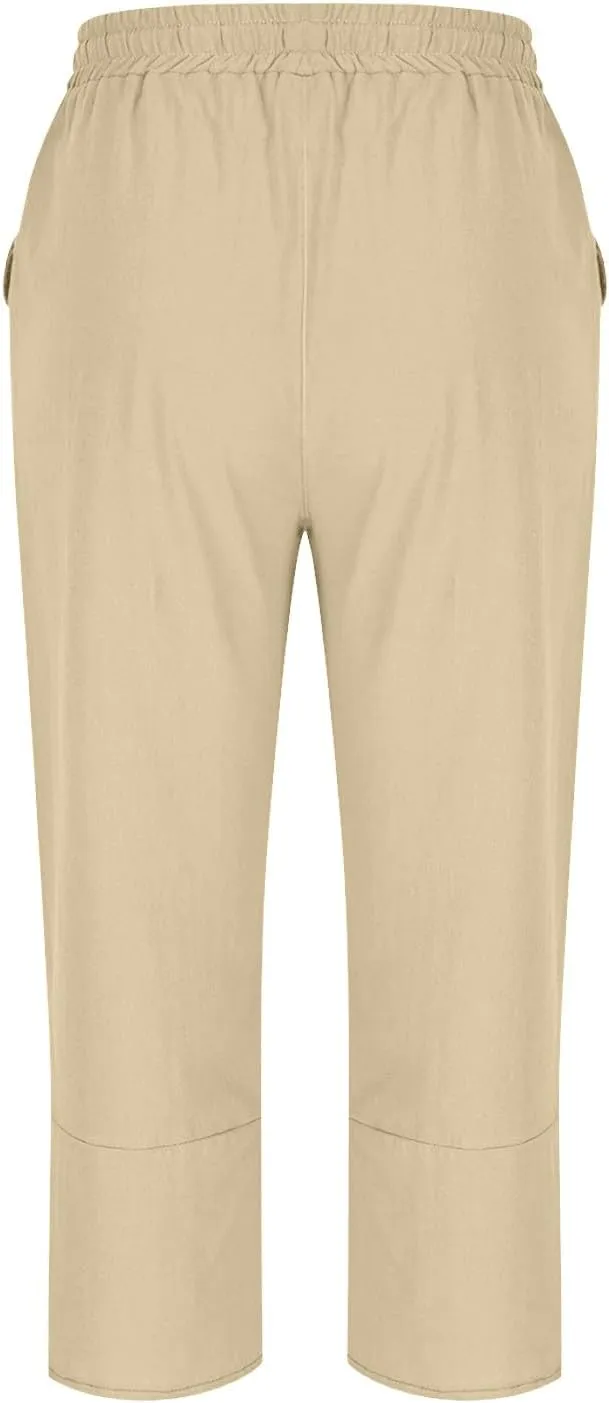 TANGNADE Womens Cotton Linen Wide Leg Capris Pants Casual Loose Beach Summer Ladies Capri Travel Boho Trouser