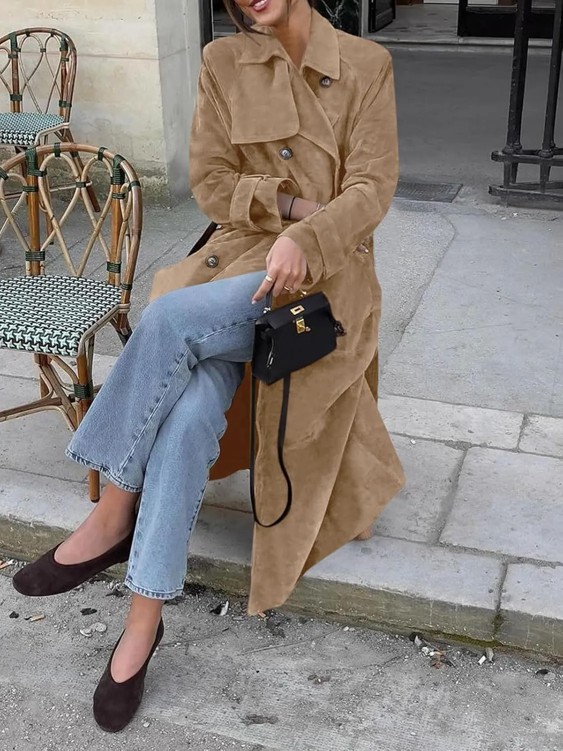 Tankaneo Womens Long Trench Coat Fall Faux Suede Jackets Double Breasted Lapel Pea Coat with Belt