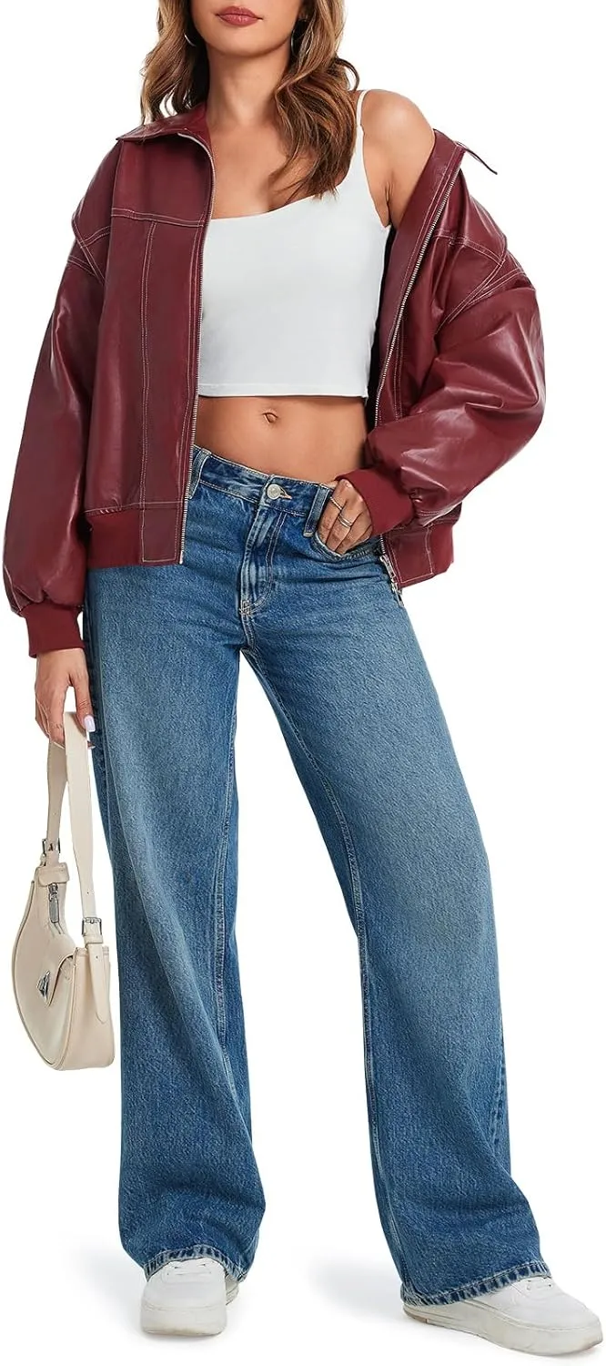 Tankaneo Womens Oversized Leather Bomber Jackets Cap Sleeve Zip Up Motorcycle Coats with Pockets