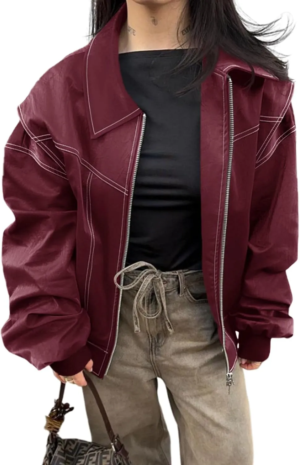 Tankaneo Womens Oversized Leather Bomber Jackets Cap Sleeve Zip Up Motorcycle Coats with Pockets