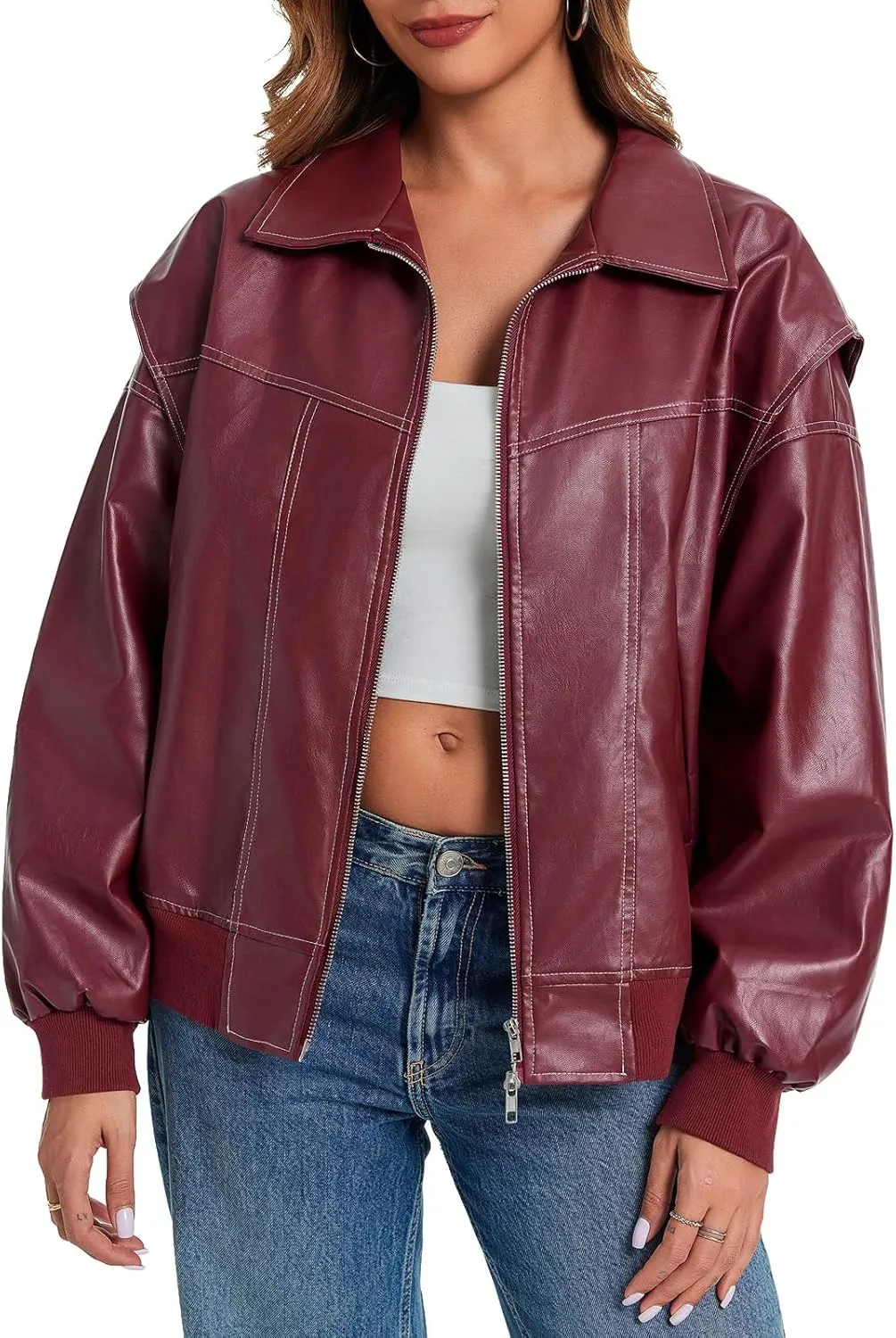 Tankaneo Womens Oversized Leather Bomber Jackets Cap Sleeve Zip Up Motorcycle Coats with Pockets