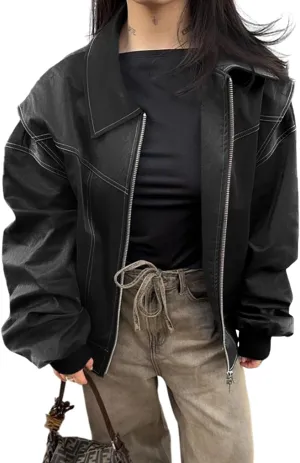 Tankaneo Womens Oversized Leather Bomber Jackets Cap Sleeve Zip Up Motorcycle Coats with Pockets