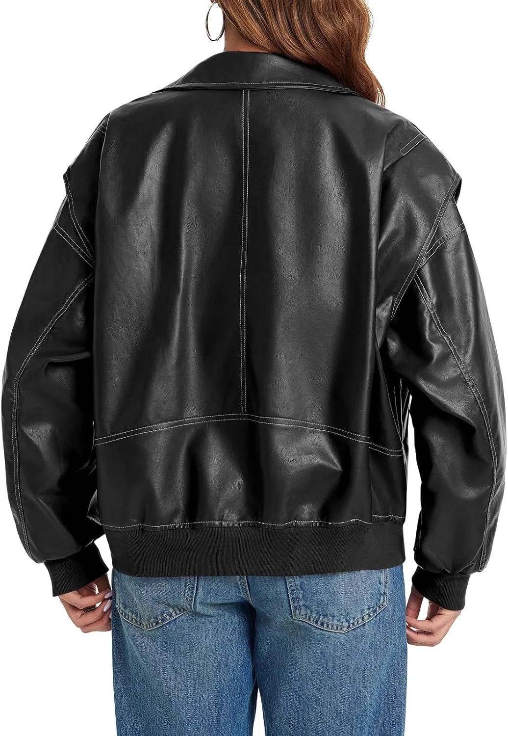 Tankaneo Womens Oversized Leather Bomber Jackets Cap Sleeve Zip Up Motorcycle Coats with Pockets