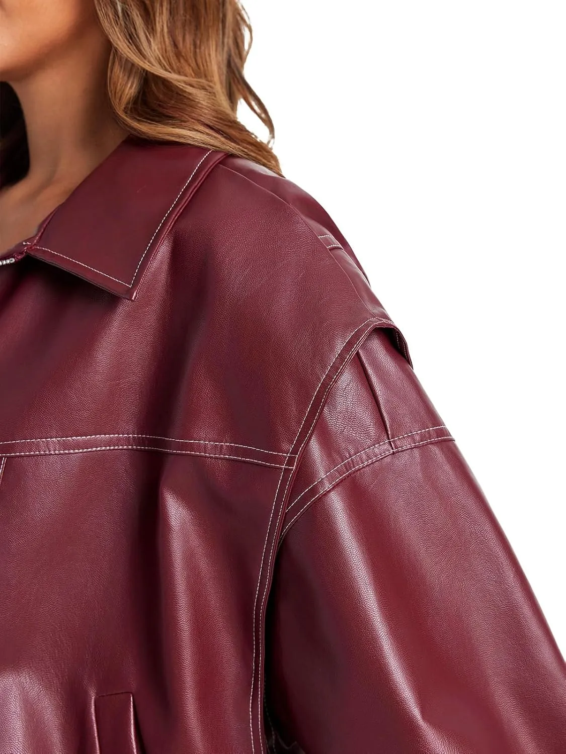 Tankaneo Womens Oversized Leather Bomber Jackets Cap Sleeve Zip Up Motorcycle Coats with Pockets