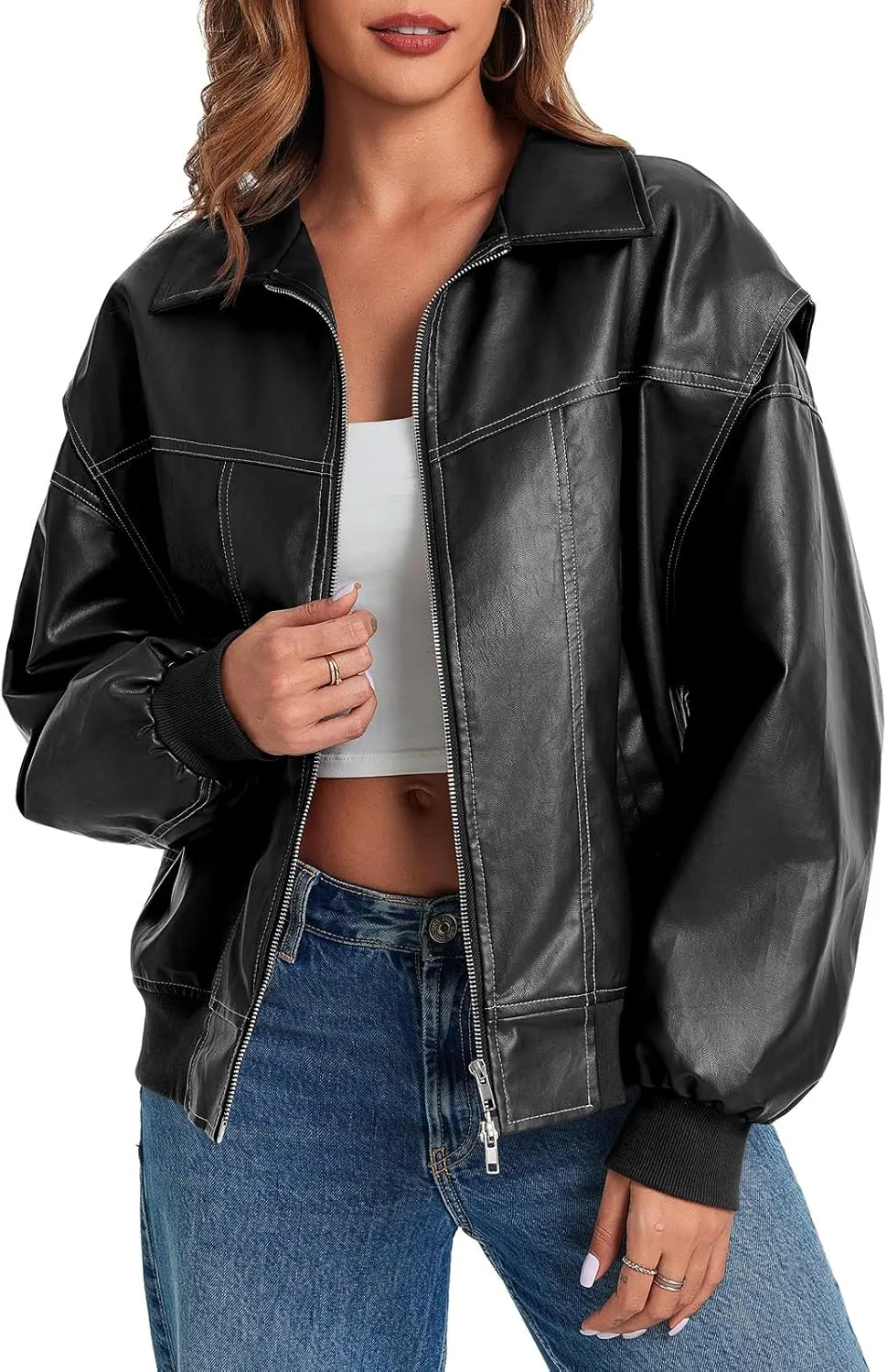 Tankaneo Womens Oversized Leather Bomber Jackets Cap Sleeve Zip Up Motorcycle Coats with Pockets