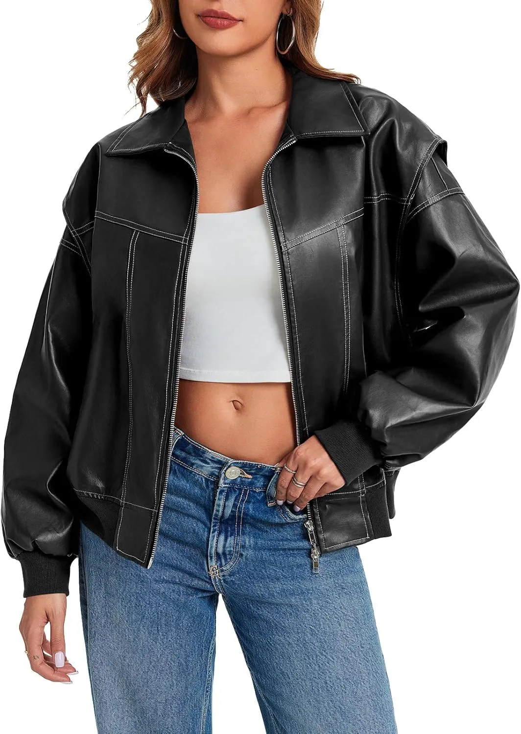 Tankaneo Womens Oversized Leather Bomber Jackets Cap Sleeve Zip Up Motorcycle Coats with Pockets