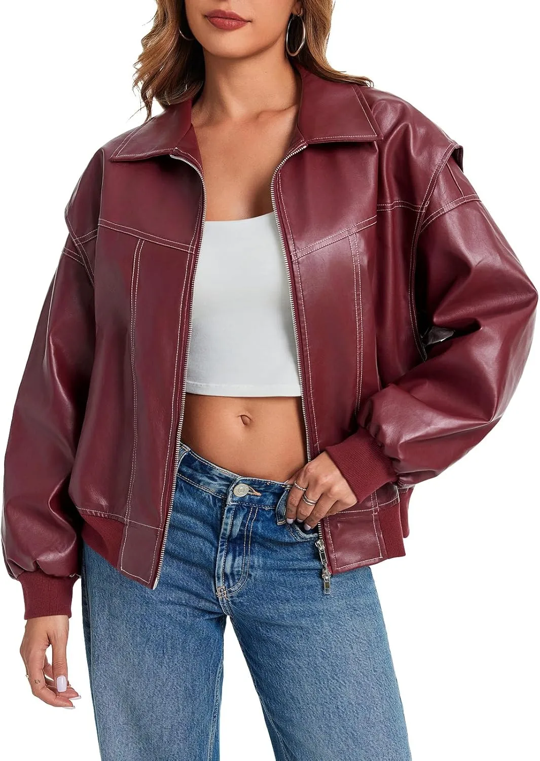 Tankaneo Womens Oversized Leather Bomber Jackets Cap Sleeve Zip Up Motorcycle Coats with Pockets