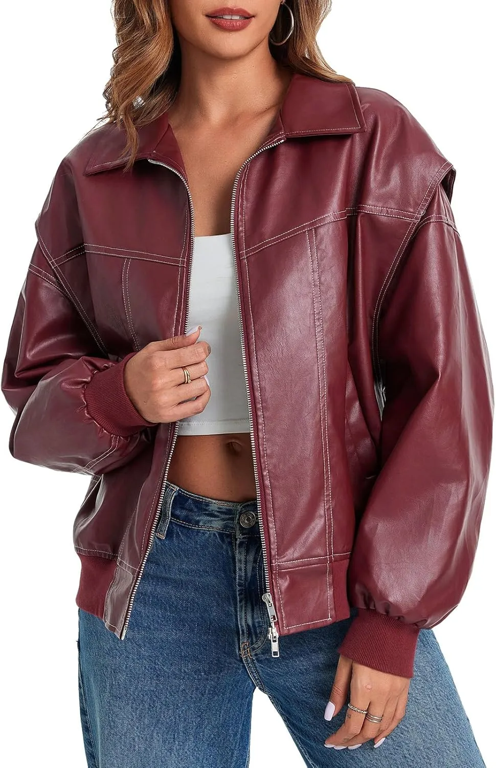 Tankaneo Womens Oversized Leather Bomber Jackets Cap Sleeve Zip Up Motorcycle Coats with Pockets
