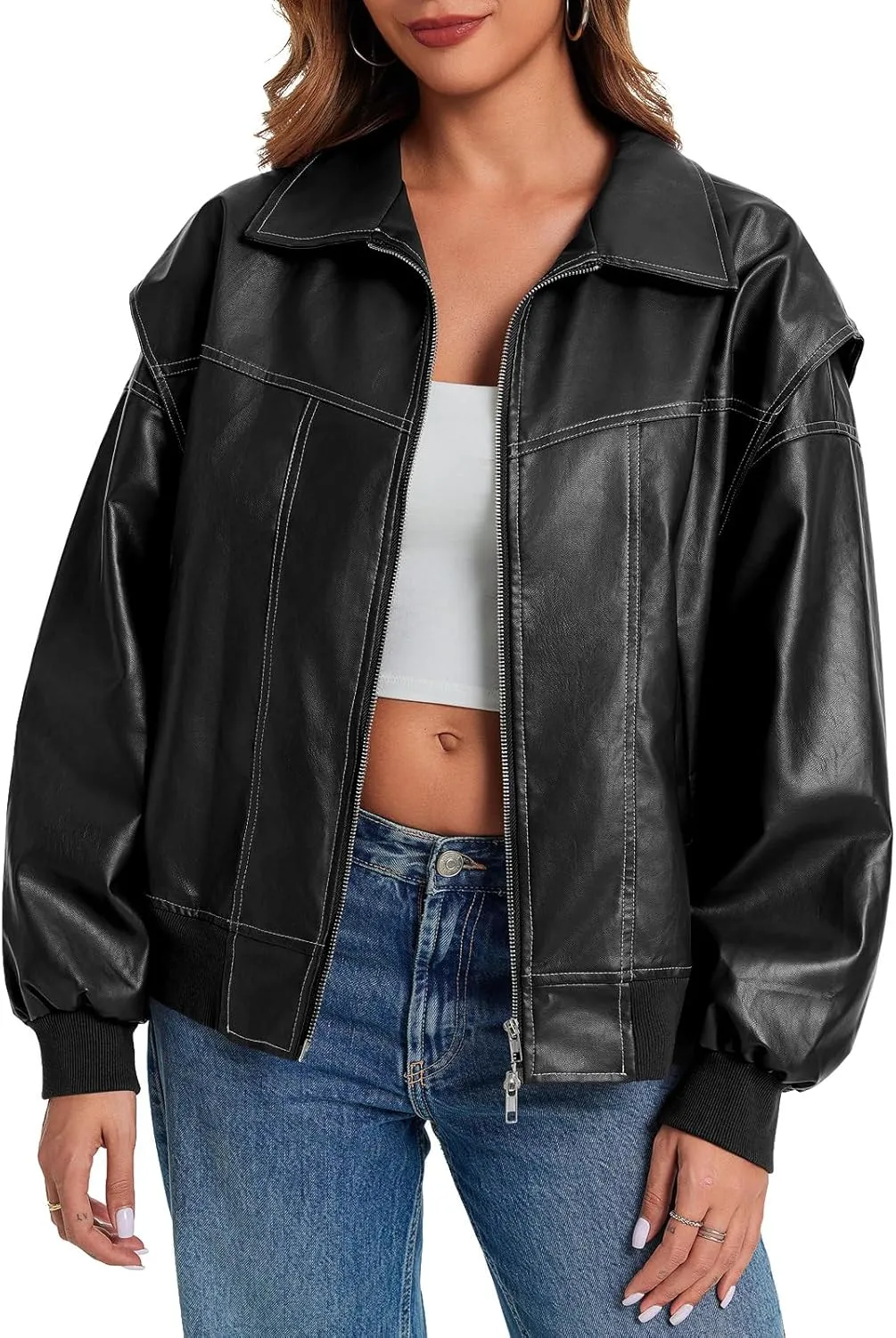 Tankaneo Womens Oversized Leather Bomber Jackets Cap Sleeve Zip Up Motorcycle Coats with Pockets