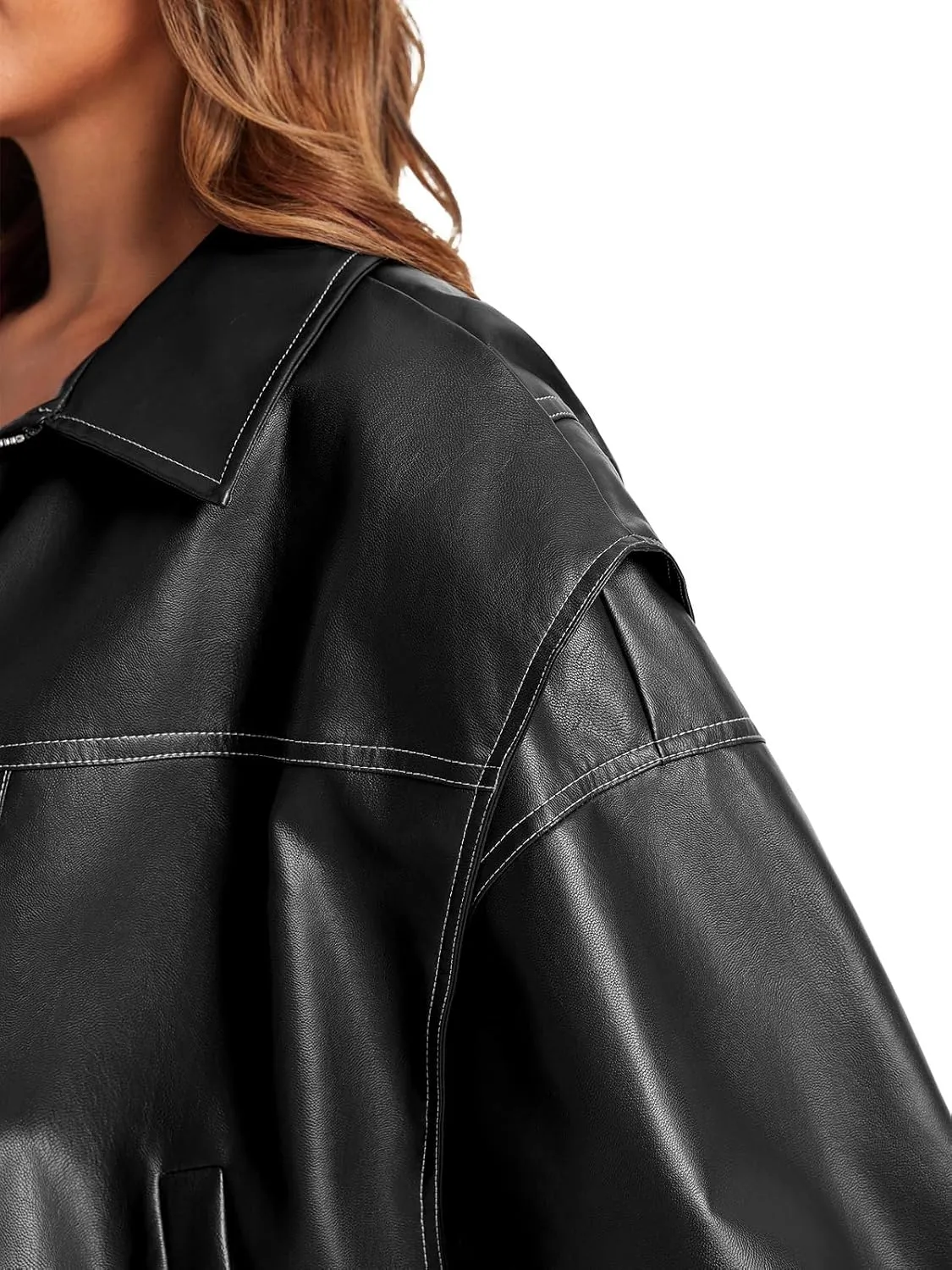 Tankaneo Womens Oversized Leather Bomber Jackets Cap Sleeve Zip Up Motorcycle Coats with Pockets