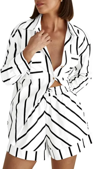Tankaneo Womens Striped 2 Piece Outfits Button Down Shirts and Shorts Lounge Matching Sets
