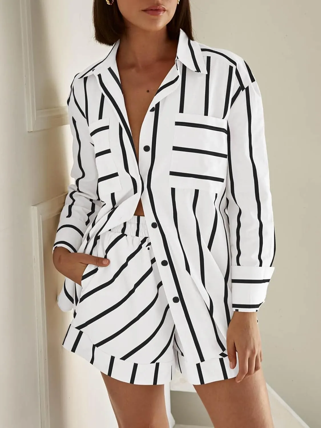 Tankaneo Womens Striped 2 Piece Outfits Button Down Shirts and Shorts Lounge Matching Sets