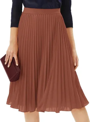 Tapata Women's Petite Regular Tall Pleated Chiffon Skirt Midi High Elastic Waist A Line Swing Skirts Brown, XXL