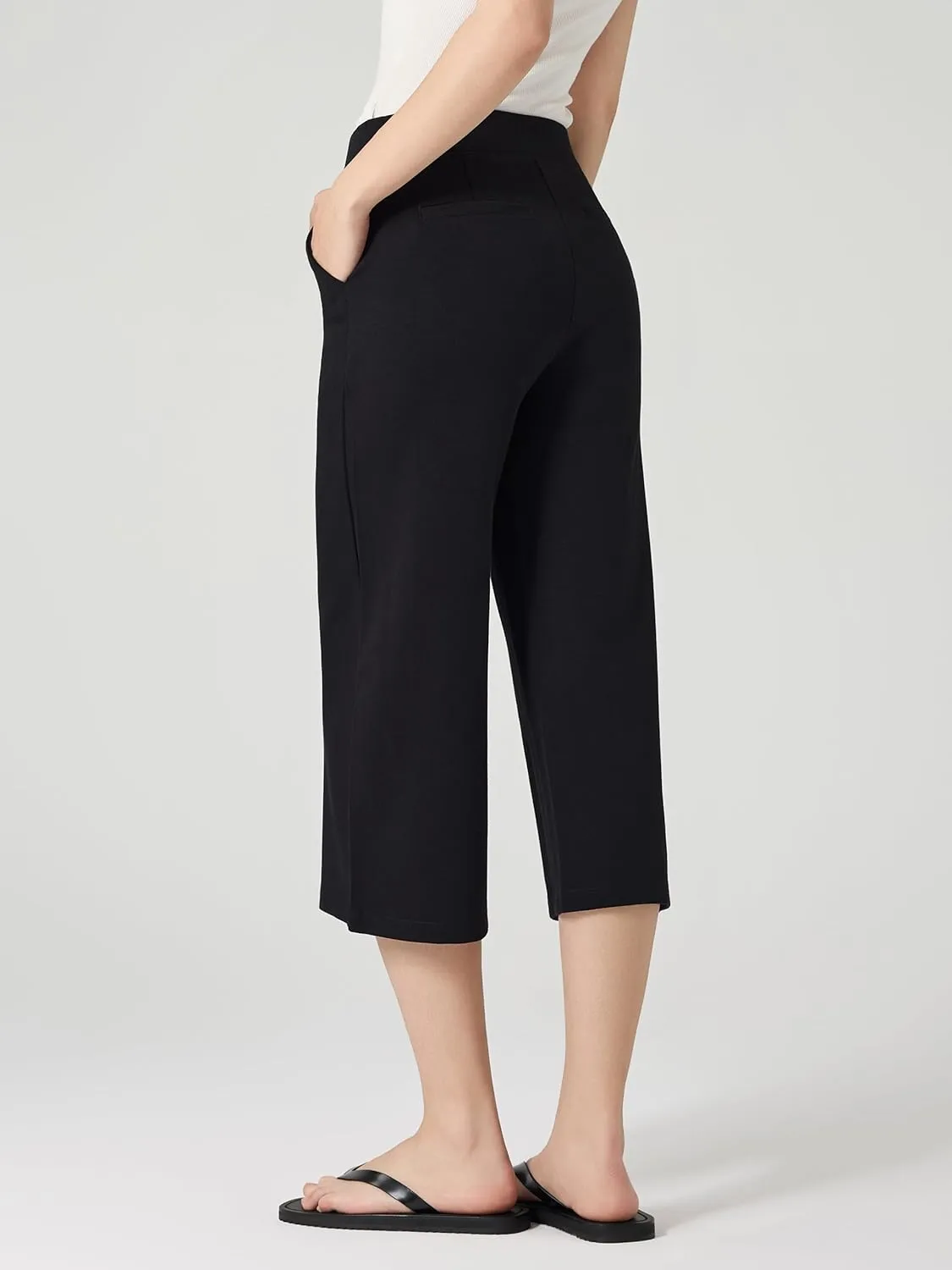 Tapata Women's Wide Leg Cropped Pants Stretchy Pull On Mid Rise Slacks for Business Casual Capris with Pockets