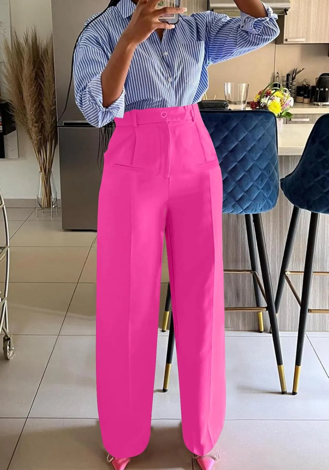 Tbahhir Women High Waisted Work Pants Wide Leg Dress Pants Straight Trousers Casual Business Slacks with Pockets