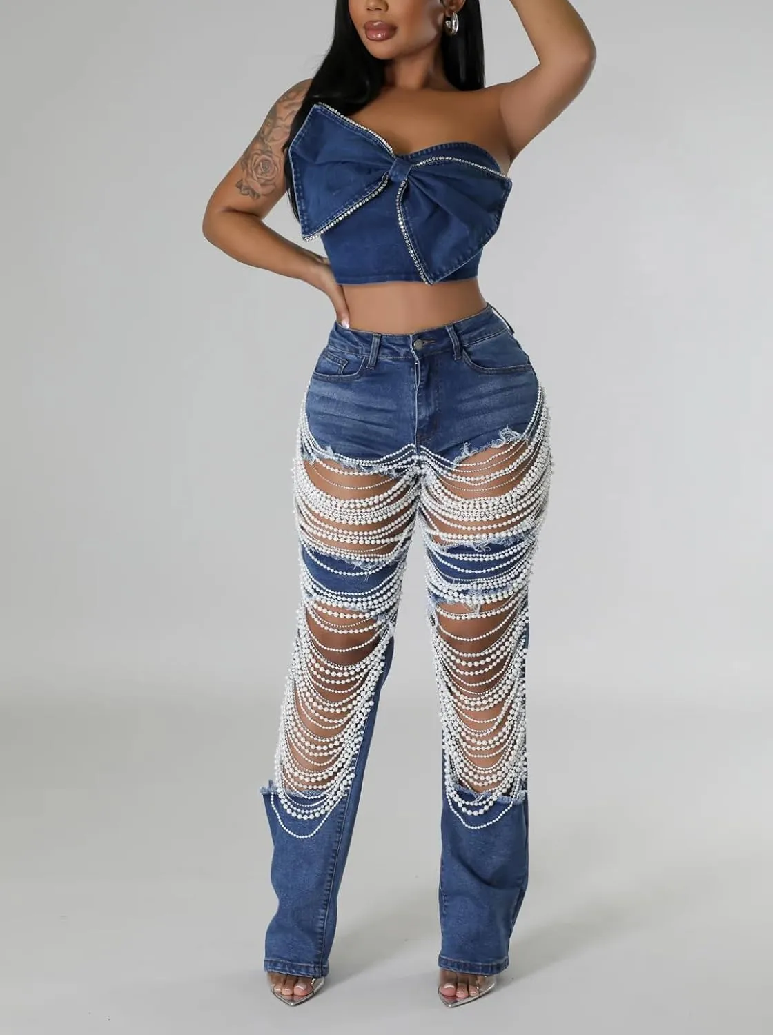 Tbahhir Women's High Waisted Ripped Jeans Y2k Boyfriend Pearl Chains Baggy Distressed Straight Leg Denim Pants Trousers