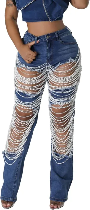 Tbahhir Women's High Waisted Ripped Jeans Y2k Boyfriend Pearl Chains Baggy Distressed Straight Leg Denim Pants Trousers