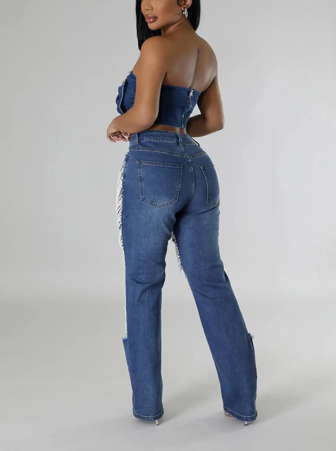 Tbahhir Women's High Waisted Ripped Jeans Y2k Boyfriend Pearl Chains Baggy Distressed Straight Leg Denim Pants Trousers