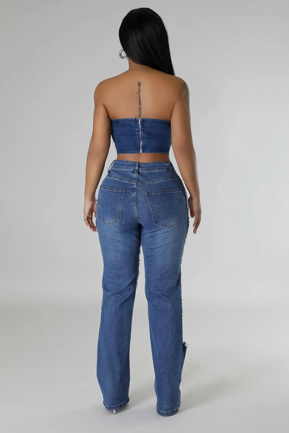 Tbahhir Women's High Waisted Ripped Jeans Y2k Boyfriend Pearl Chains Baggy Distressed Straight Leg Denim Pants Trousers