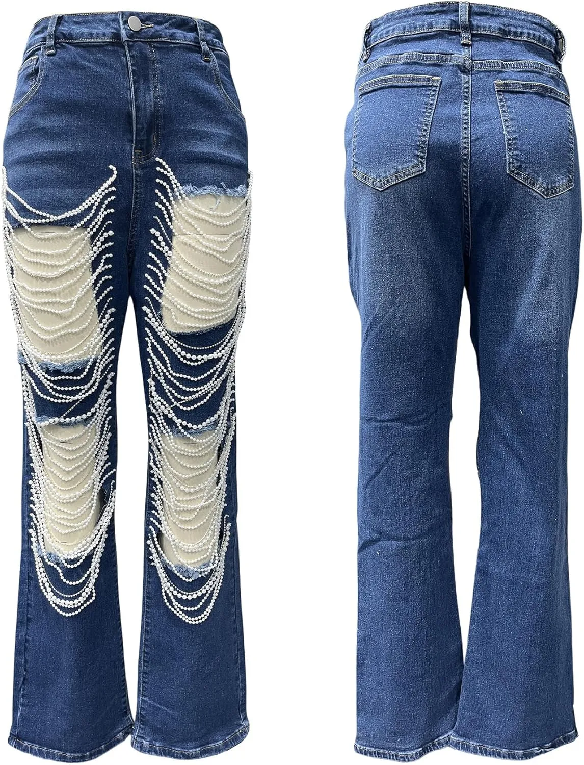 Tbahhir Women's High Waisted Ripped Jeans Y2k Boyfriend Pearl Chains Baggy Distressed Straight Leg Denim Pants Trousers