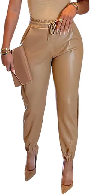 Tcremisa Women's Faux Leather Pants Drawstring Elastic High Waist Joggers Casual Loose Trousers with Pockets