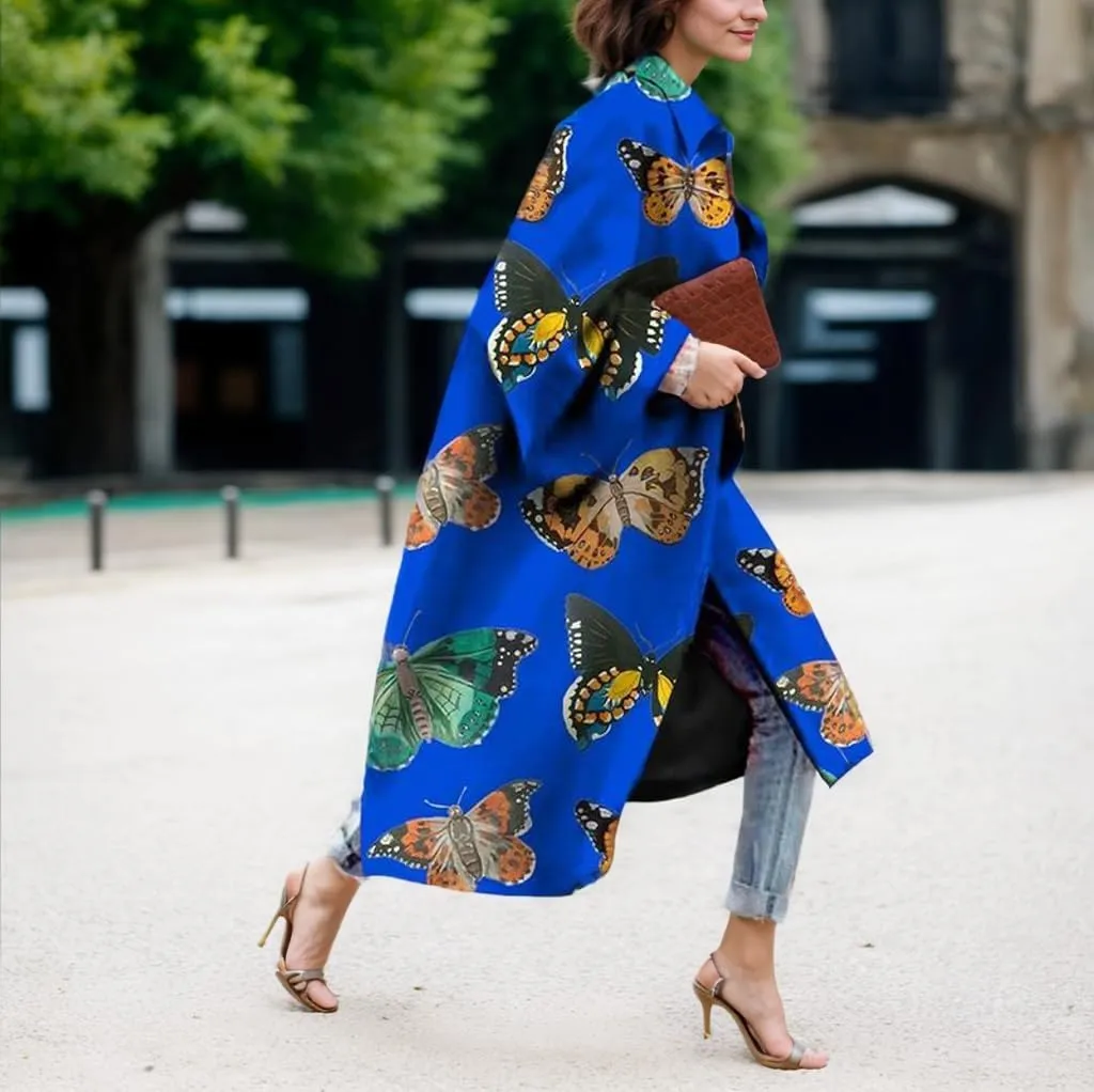 TIAFORD Women's Fall Winter Knee Length Trench Coat Casual Plus Size Floral Print Long Sleeve Turn Down Collar Long Pea Coats