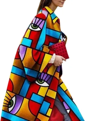 TIAFORD Women's Fall Winter Knee Length Trench Coat Casual Plus Size Floral Print Long Sleeve Turn Down Collar Long Pea Coats