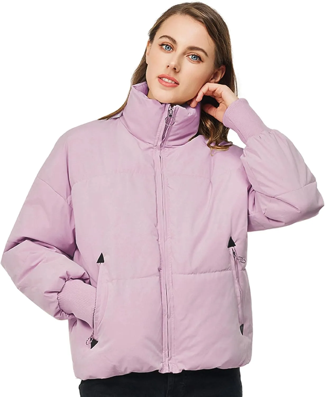 TRATENBY Women's Winter Pockets Baggy Short Down Jacket Cropped Puffer Long Sleeve Zip Coats