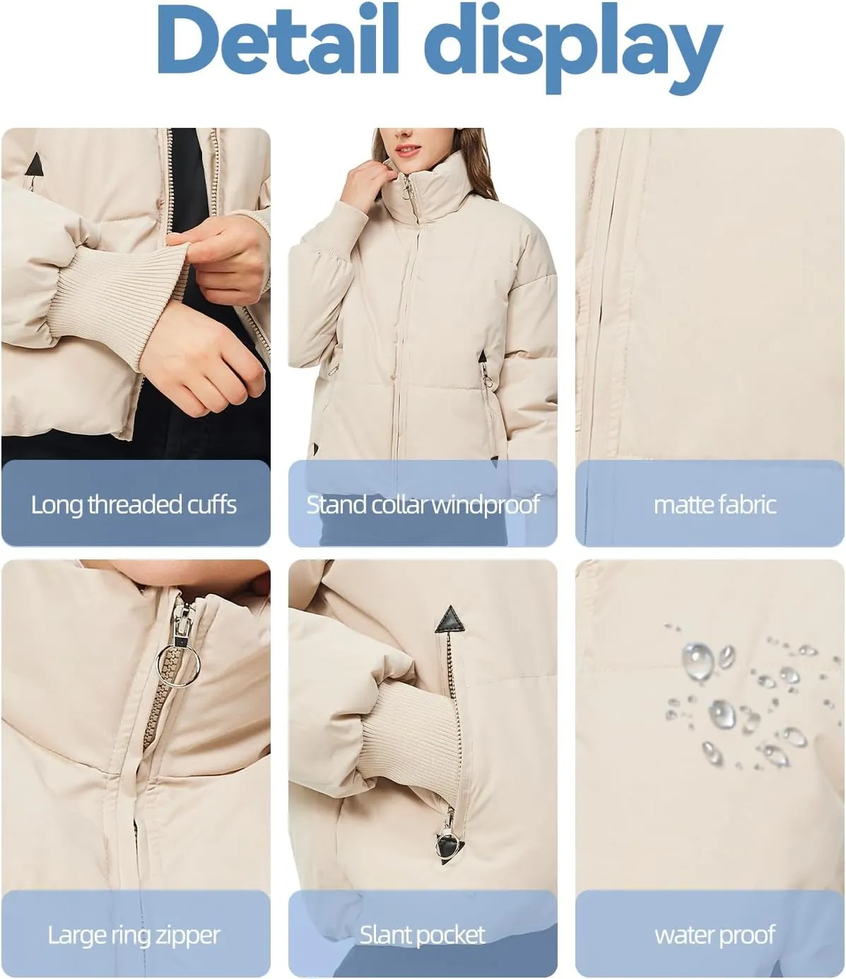 TRATENBY Women's Winter Pockets Baggy Short Down Jacket Cropped Puffer Long Sleeve Zip Coats