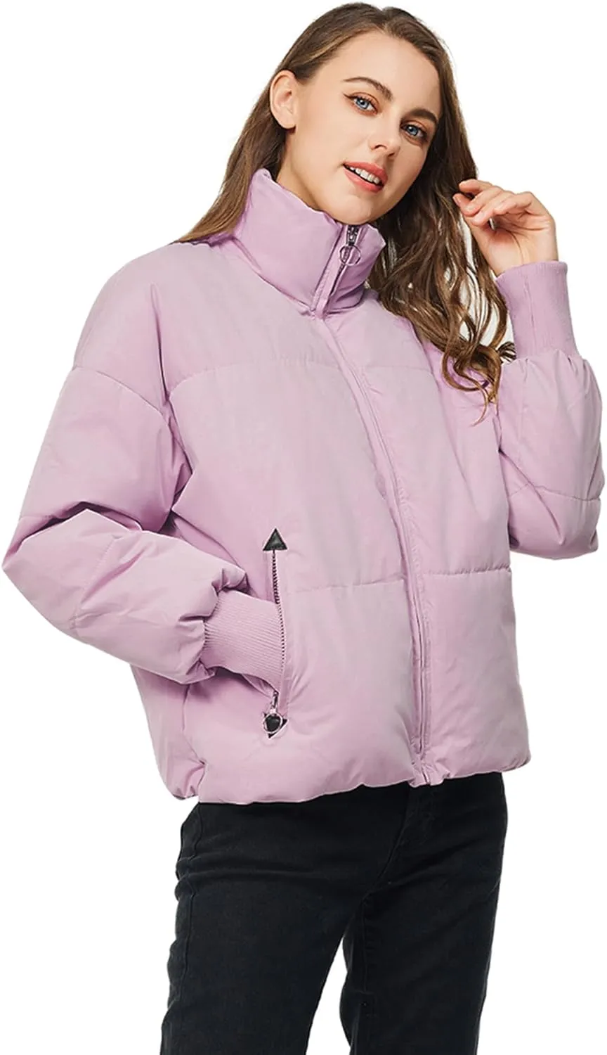 TRATENBY Women's Winter Pockets Baggy Short Down Jacket Cropped Puffer Long Sleeve Zip Coats