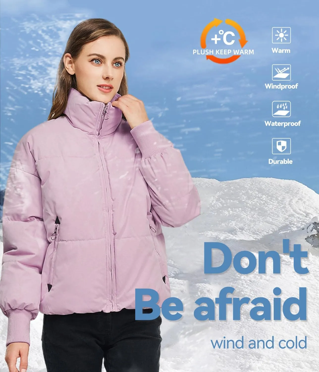 TRATENBY Women's Winter Pockets Baggy Short Down Jacket Cropped Puffer Long Sleeve Zip Coats