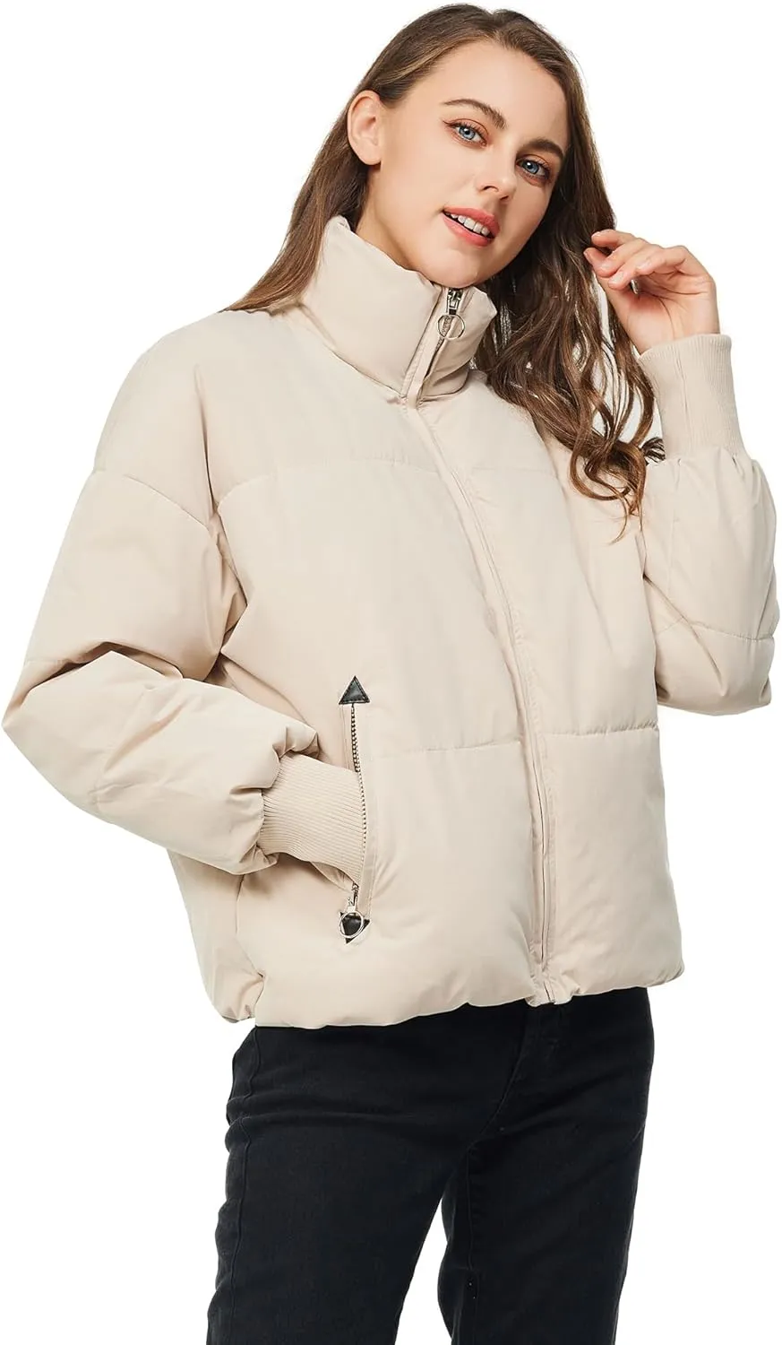 TRATENBY Women's Winter Pockets Baggy Short Down Jacket Cropped Puffer Long Sleeve Zip Coats