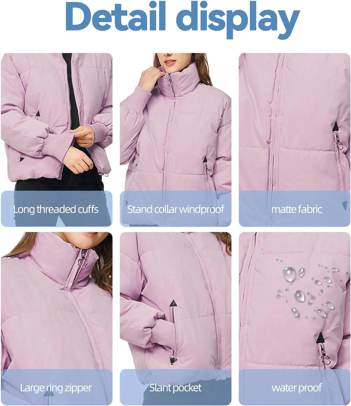 TRATENBY Women's Winter Pockets Baggy Short Down Jacket Cropped Puffer Long Sleeve Zip Coats