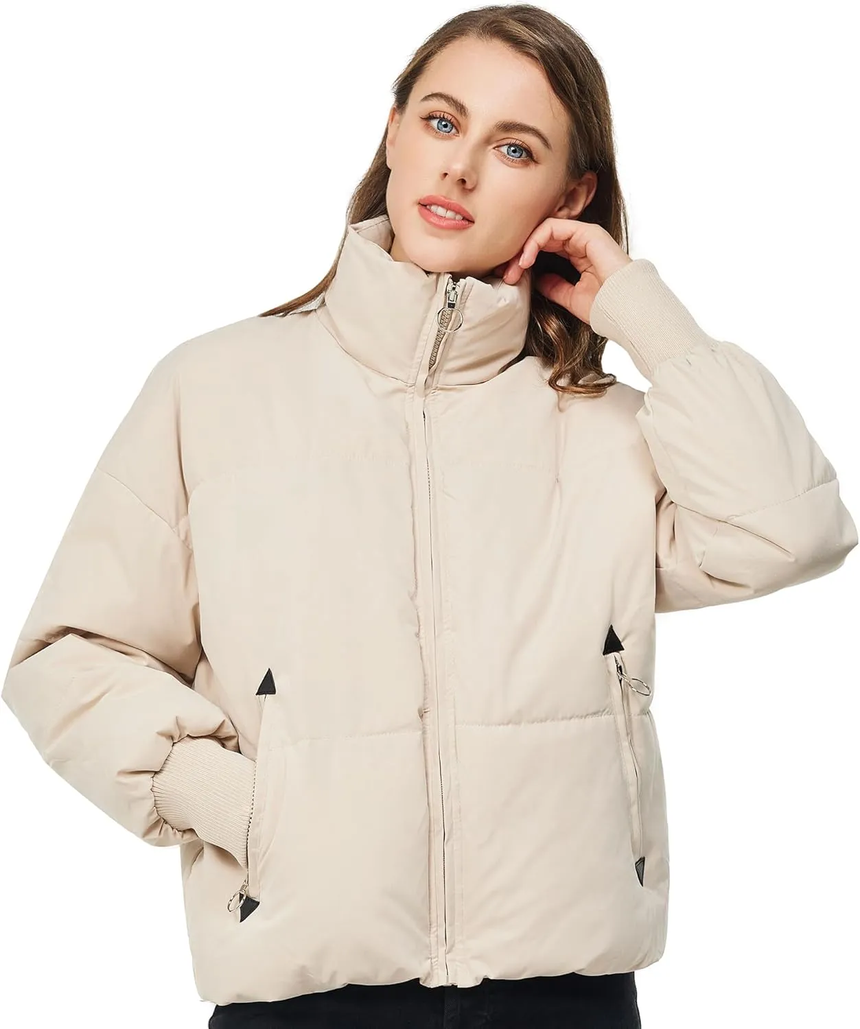 TRATENBY Women's Winter Pockets Baggy Short Down Jacket Cropped Puffer Long Sleeve Zip Coats