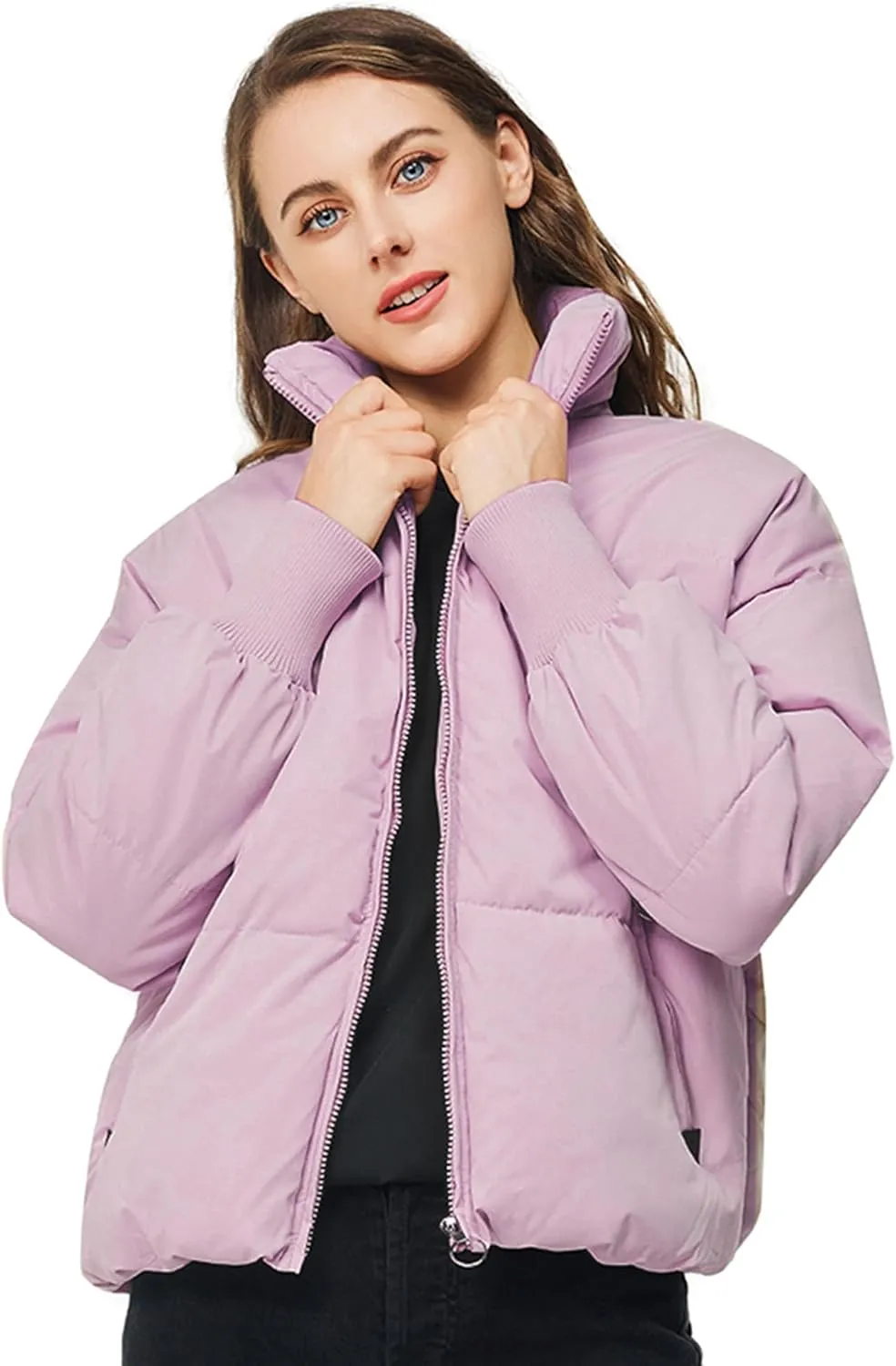 TRATENBY Women's Winter Pockets Baggy Short Down Jacket Cropped Puffer Long Sleeve Zip Coats