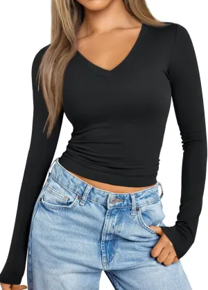 Trendy Queen Long Sleeve Shirts for Women 2025 Fall Fashion V Neck Basics Crop Tops Slim Fitted Y2K Tops Outfits Clothes