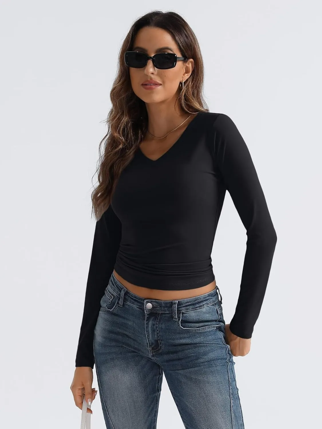 Trendy Queen Long Sleeve Shirts for Women 2025 Fall Fashion V Neck Basics Crop Tops Slim Fitted Y2K Tops Outfits Clothes