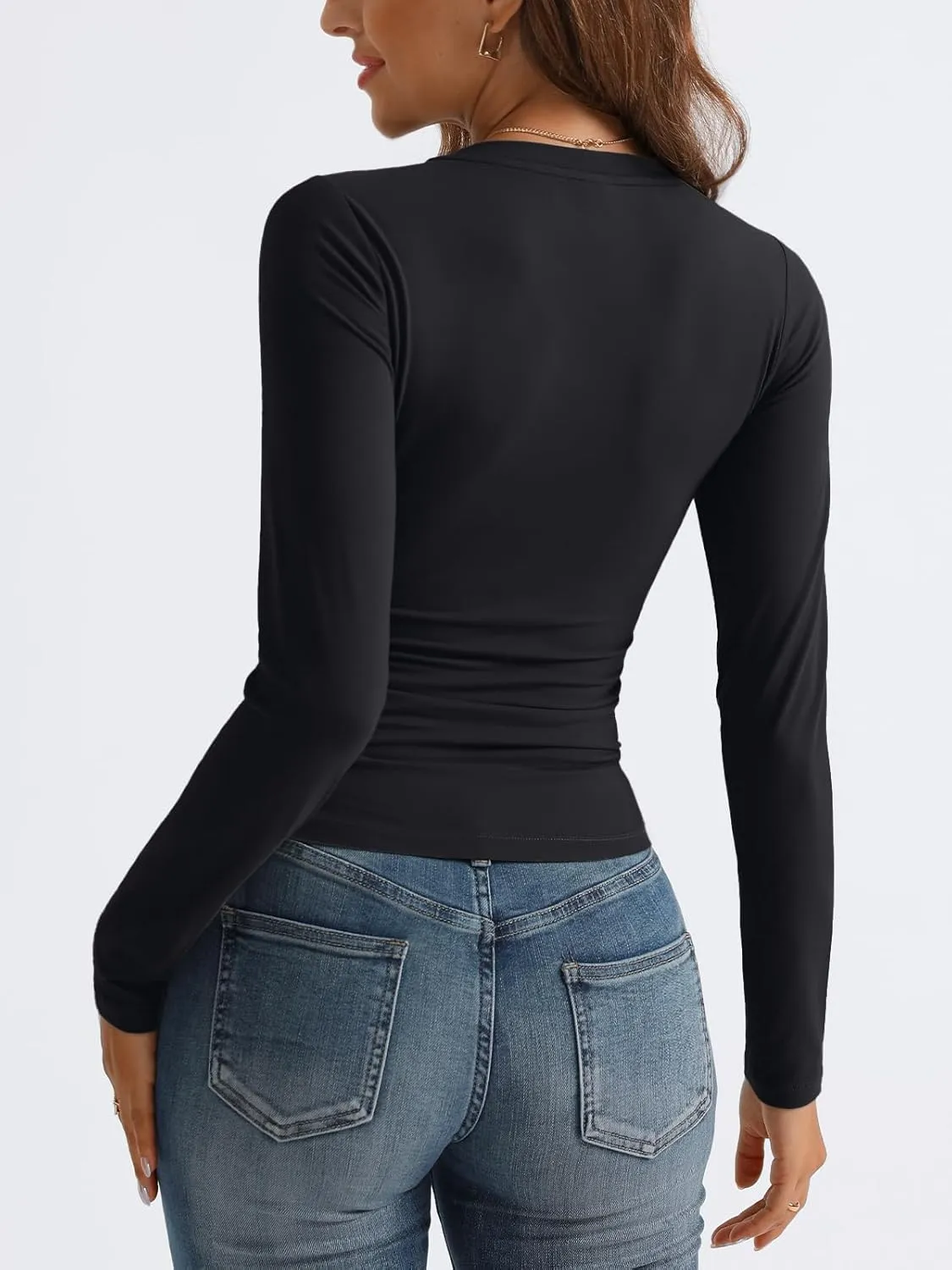 Trendy Queen Long Sleeve Shirts for Women 2025 Fall Fashion V Neck Basics Crop Tops Slim Fitted Y2K Tops Outfits Clothes