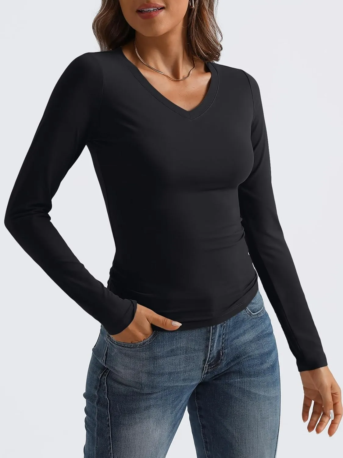 Trendy Queen Long Sleeve Shirts for Women 2025 Fall Fashion V Neck Basics Crop Tops Slim Fitted Y2K Tops Outfits Clothes