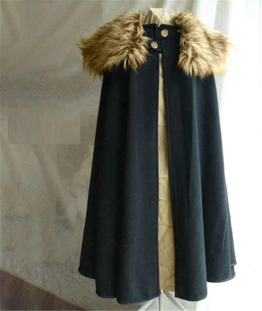 tuduoms Cloak Coat for Men Black Vintage Coat Winter Warm Gothic Wool Faux Fur Collar Long Cape Cloak Celtic Wool Cape Coat
