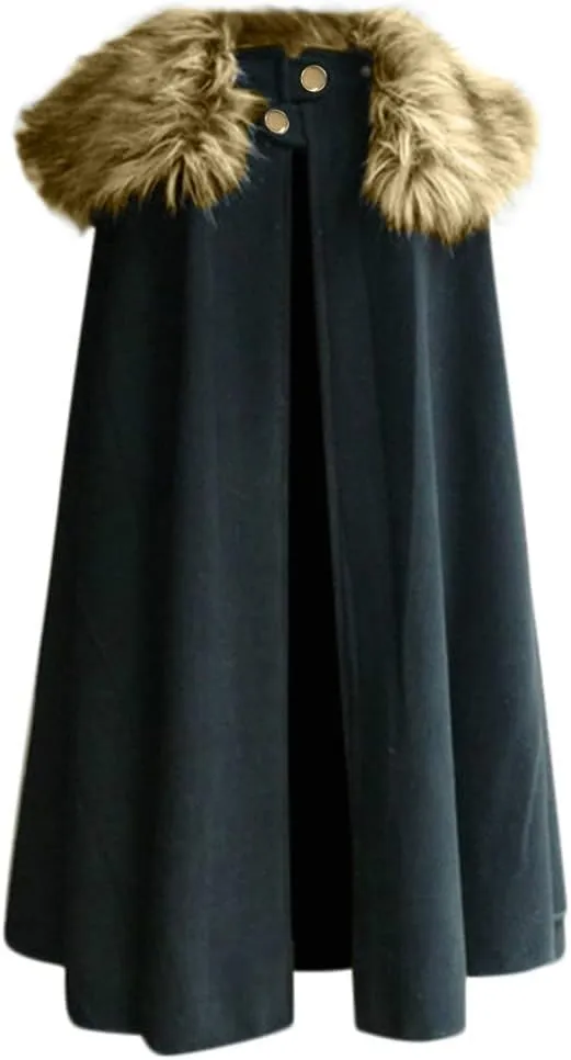 tuduoms Cloak Coat for Men Black Vintage Coat Winter Warm Gothic Wool Faux Fur Collar Long Cape Cloak Celtic Wool Cape Coat
