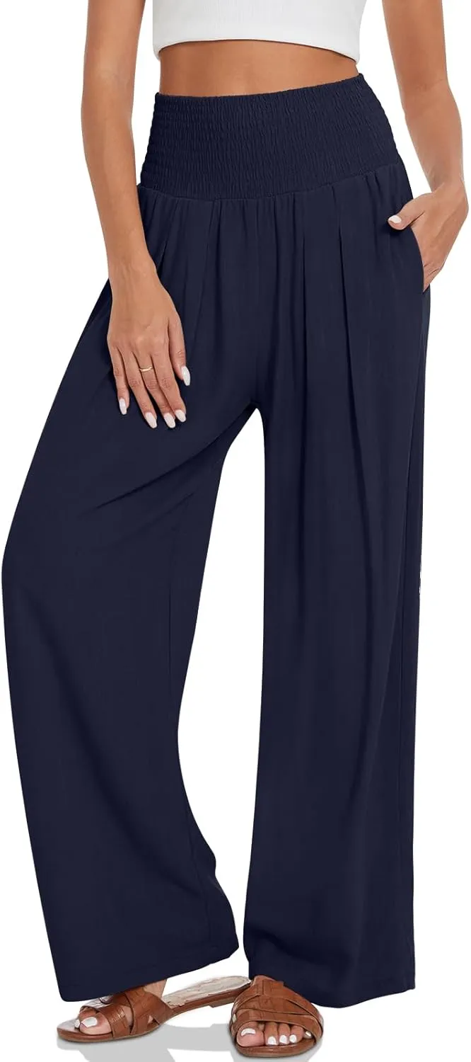 UEU Women's Linen Palazzo Pants Wide Leg High Waisted Lounge Flowy 2024 Casual Beach Pants with Pockets Navy