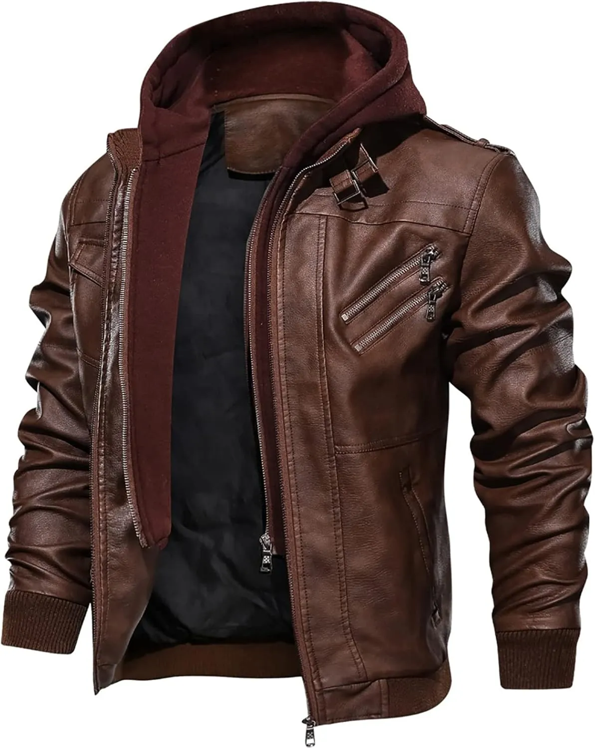 utcoco Men's Casual Stand Collar PU Faux Leather Zip-Up Motorcycle Bomber Jacket with Removable Hood