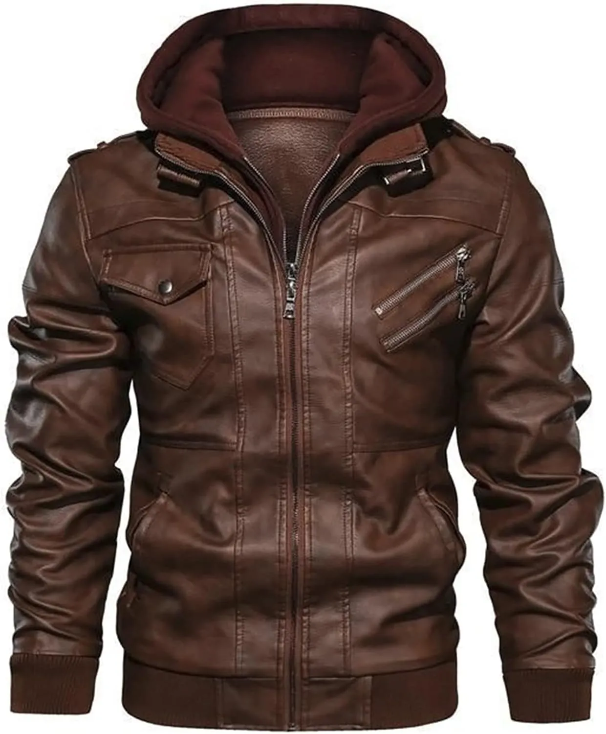 utcoco Men's Casual Stand Collar PU Faux Leather Zip-Up Motorcycle Bomber Jacket with Removable Hood