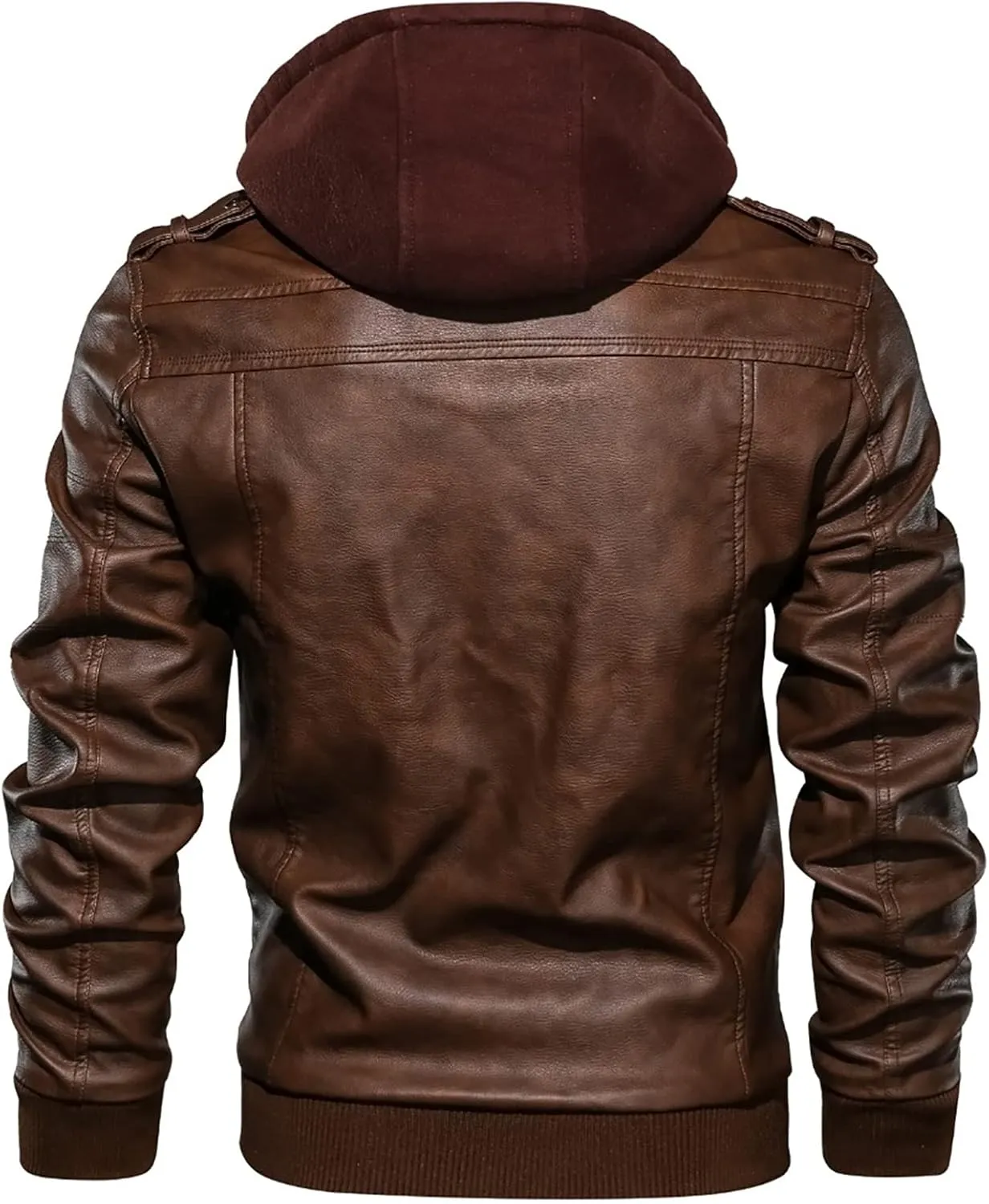 utcoco Men's Casual Stand Collar PU Faux Leather Zip-Up Motorcycle Bomber Jacket with Removable Hood