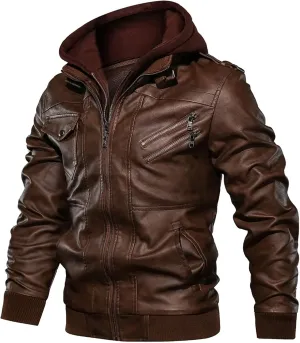 utcoco Men's Casual Stand Collar PU Faux Leather Zip-Up Motorcycle Bomber Jacket with Removable Hood