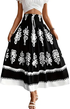 utcoco Women's 2025 Summer Beach Floral Print Maxi Skirts Elastic High Waist A Line Pleated Boho Flowy Long Skirt