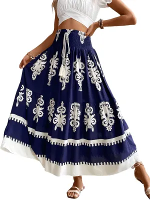 utcoco Women's 2025 Summer Beach Floral Print Maxi Skirts Elastic High Waist A Line Pleated Boho Flowy Long Skirt
