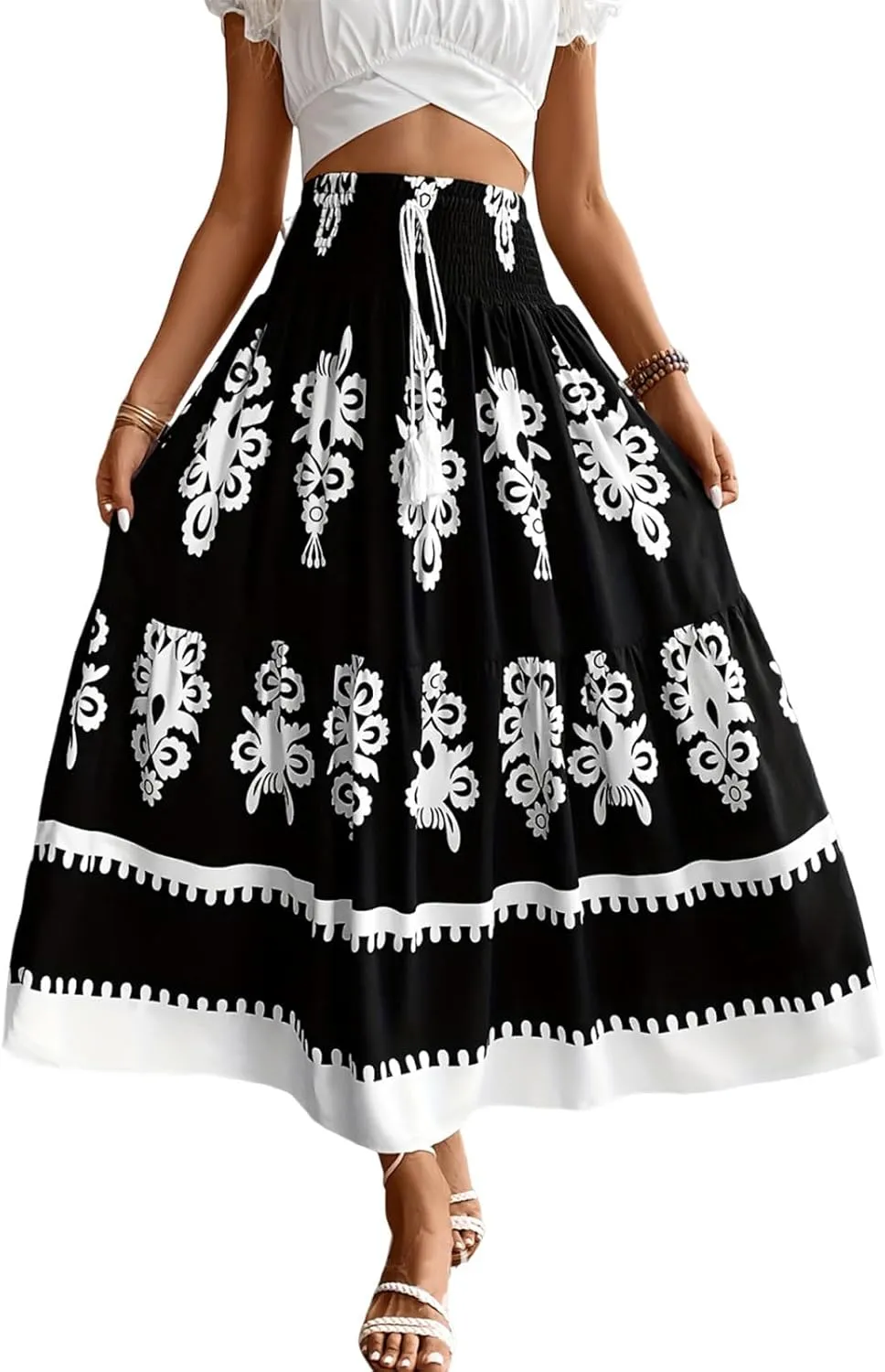 utcoco Women's 2025 Summer Beach Floral Print Maxi Skirts Elastic High Waist A Line Pleated Boho Flowy Long Skirt