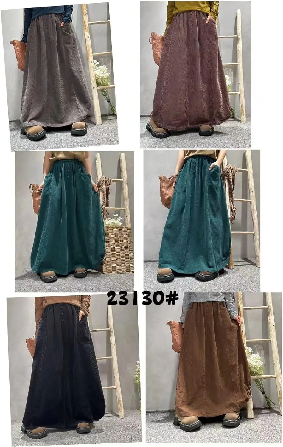 utcoco Womens Fall Corduroy Bubble Long Skirts Elastic Waist A Line Swing Maxi Skirt with Pockets